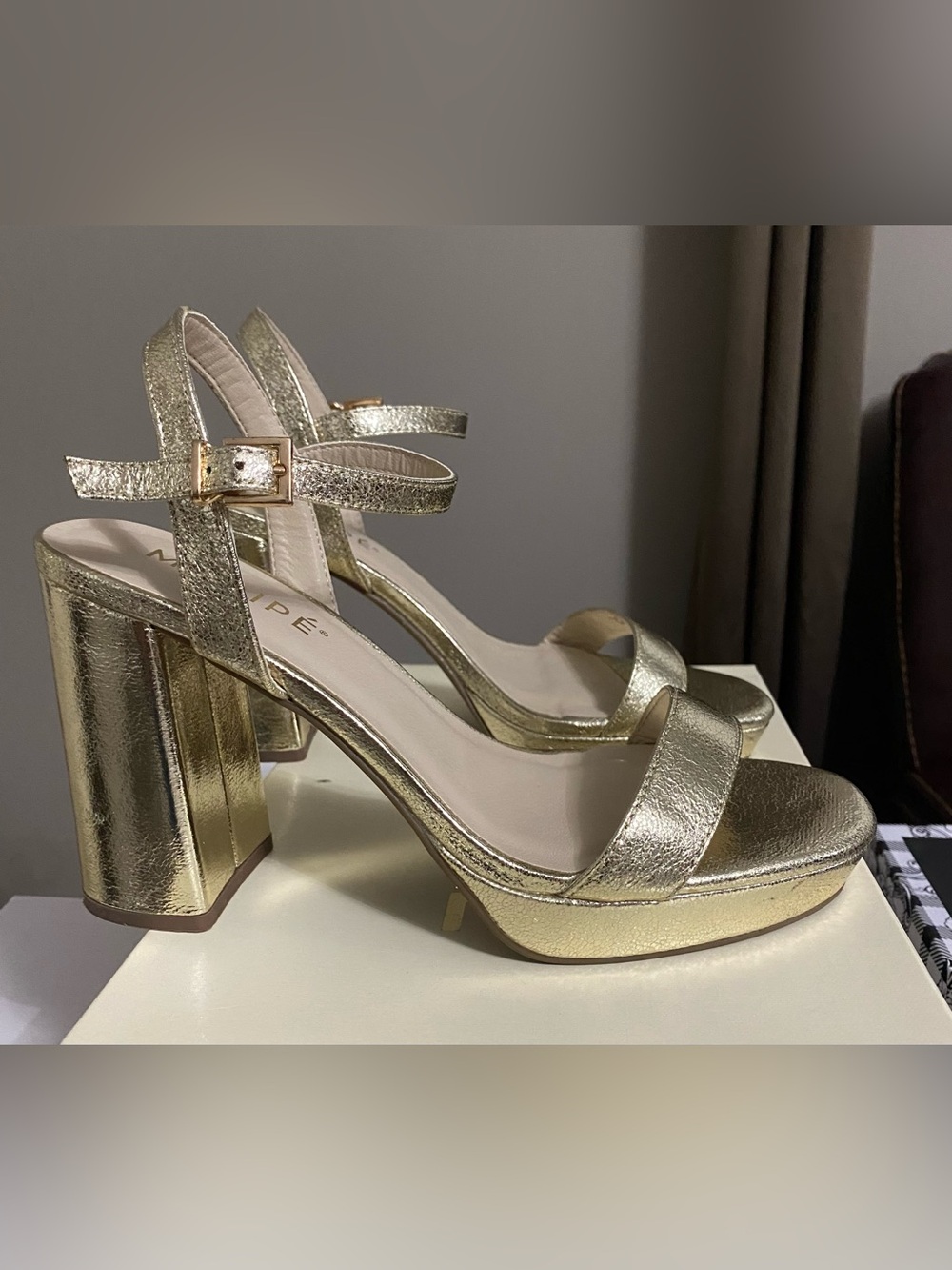 Gold Metallic Block Heel Sandals with Ankle Strap